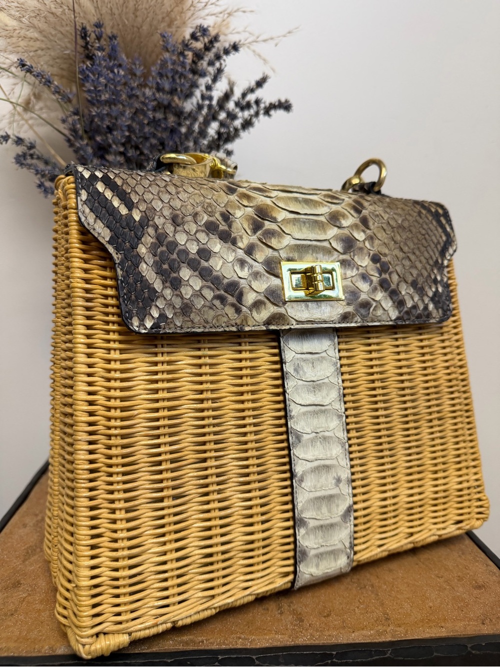 Vintage ET Club Genuine Python Snakeskin & Wicker Top Handle Bag Rattan Purse